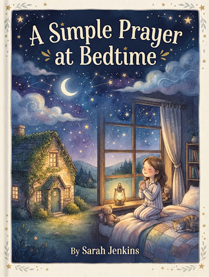 children's book cover illustration for 'a simple prayer at bedtime', serene night sky with crescent moon and warm glowing lantern