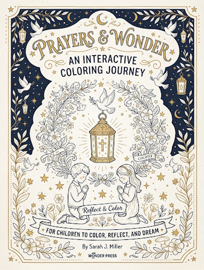 children's coloring book cover for prayers & wonder featuring delicate dove and lantern botanical linework